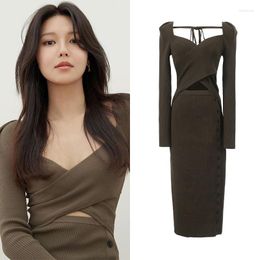 Casual Dresses Kpop Star Sweater Dress Women 2023 Spring Autumn Long Sleeve Sex Female A Line Knit Party Outwear