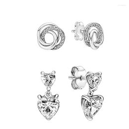 Stud Earrings Ear Piercing For Women Silver 925 Original Jewellery Zircon Family Always Encircled Double Hearts Mother's Day Gifts