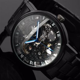 2021 New Black Men's Skeleton WristWatch Stainless steel Antique Steampunk Casual Automatic Skeleton Mechanical Watches Male 237H