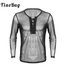 Men s T Shirts TiaoBug Mens Lace Up Mesh See Through Long Sleeve T Shirt Men Sexy Club Wear Costumes Undershirts Sheer Fishnet Tops 230302