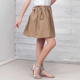 Skirts Teen Girls Linen Mini Skirt Solid Color Summer New Casual Loose Bandage Kids Skirt Cotton And Linen Skirts TZ231 T230301
