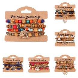 Strand Bohemia Wood Beads Chain Bracelet Set For Women Tree Of Life Charm Rose Flower Handmade Bangle Girls Boho Jewelry