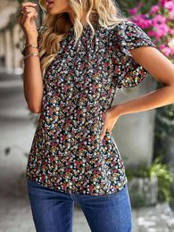 Women's Blouses Retro Floral Print Shirt Women Casual Loose Blouse Top Female Elastic O Neck Short Sleeve Ladies Vintag Summer