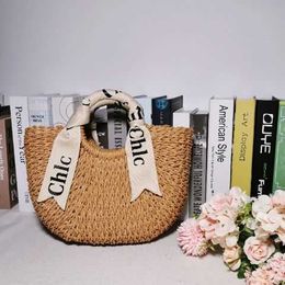 Totes Letter silk scarf hand-held str bag wild semi-circle woven women's rattan beach vacation photo Y2302