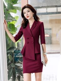 Two Piece Dress Red Skirt Suit 2 Pieces Set Fashion Business Women Suit Office Ladies Work Wear Uniform Interview Thin Blazer Hlaf Sleeve Top 230302