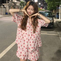 Women's Sleepwear Print Strawbery 2PCS Night Wear Sexy Shirt&Shorts Pajamas Suit Cotton Summer Home Clothes Pyjamas Sets Casual Homewear