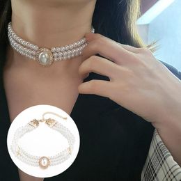 Pendant Necklaces Women Choker Vintage Elegant Shiny Rhinestone Inlaid Adjustable Dress Up Gift Ladies Faux Pearl Clavicle Necklace Trendy
