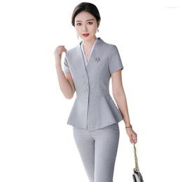 Women's Two Piece Pants Blazer Pantsuits 2 Set Office Ladies Women Grey Business Single Button Pencil Short Sleeve Formal Suit