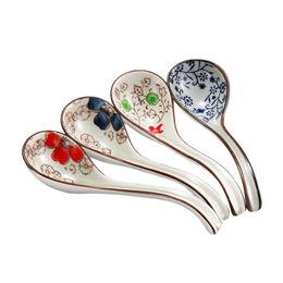 Spoons 4 Pieces Asian Retro Chinese Ceramic Rice Curved Handle Ramen Soup Spoon Painted Flower With Long 230302