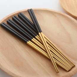 Chopsticks 5 Pairs Stainless Steel Chinese Gold Set Black Metal Chop Sticks Used for Sushi Dinnerware 230302