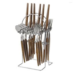 Dinnerware Sets 24pcs Rack Silver Tableware Set Imitation Wooden Handle Cutlery Stainless Steel Flatware Fork Knife Spoon Silverware