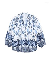 Women's Blouses Boho Clothing Women Tops 2023 Vintage Bohemian Print Blouse Shirt V Neck Long Sleeve Front Buttoned Oversized Top