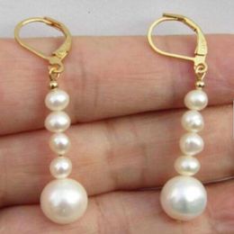 Dangle Earrings Natural White Round Southsea Pearl 14K Gold CARNIVAL Gift Lucky Freshwater Beautiful VALENTINE'S DAY Party