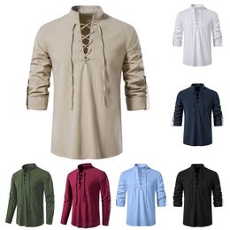 Men's Casual Shirt V-Neck Lace up T-shirt Vintage Thin Long Sleeve Top Men Breathable Viking Matching Man Shirts