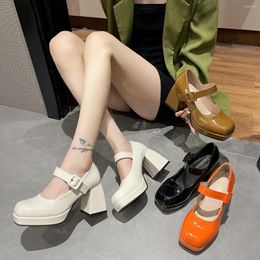 Dress Shoes PU Mary Janes Pumps Women Spring Punk Thick Heel Fashion White Black Red Orange Coffee Party Square Toe Platform Heels