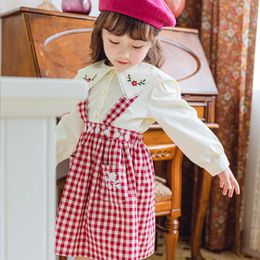 Skirts BEBEZOO Girls Suspender Strap Skirts Red Plaid Casual Sweet A-line Skirt Cute Dress For 3-8 Years Kids Girl Clothes T230301