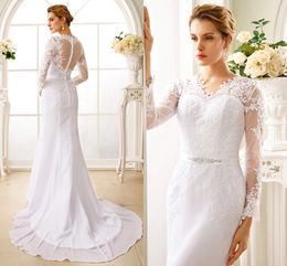 Sexy Long Wedding Dress 2023 Mermaid Long Sleeve V Neck Chiffon Lace Appliques Bride Gowns Plus Size See-Through Robe De Mariee