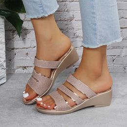 Slippers Women Wedges Bling Flats Flip Flops 2022 New Summer Sandals Autumn Shoes Rome Ladies Slingback Causal Slides Fad Y2302