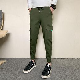 Men's Pants Korean Summer Cargo Men Clothing 2023 Simple All Match Side Pockets Slim Fit Casual Mens Joggers Trousers Black/Army Green
