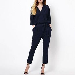 Women's Jumpsuits & Rompers Solid Casual Jumpsuit Romper V-neck Three Quarter Sleeve Bodysuit Women Sashes V Neck Elegant Calf-Length Pants