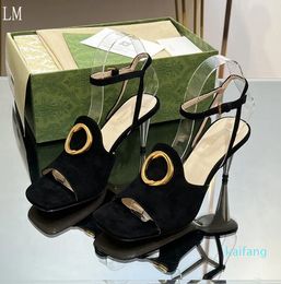 Designer Luxury Women Interlocking G T-Strap Back Slipper Copper Ankle Strap Sandal Heels 01