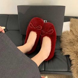 Dress Shoes 2022 Fluffy Outdoor Comfort Flat Artificial Hair Flat Shoes Comfortable Warm Lightweight Rabbit Hair Bow-hair Shoes Red L230302