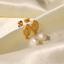 Hoop Earrings 18k Gold Plated Stainless Steel Freshwater Pearl Coin Design Rose Embossed Pendant INS Fashion Versatile