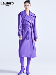 Women's Jackets Lautaro Spring Autumn Long Luxury Elegant Purple Colored Faux Leather Trench Coat for Women Sashes Runway Designer Fashion 230302