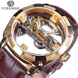 Forsining Men Automatic Watch Double Side Transparent Golden Bezel Brown Leather Belt Brand Luxury Mechanical Skeleton Clock SLZe1243U
