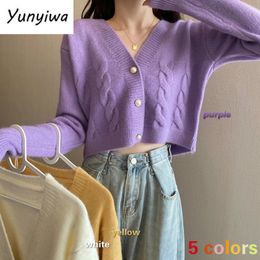 Women's Knits Tees Sweaters Women Autumn Cropped V-Neck Adult Standard Lady Knitwear Solid Purple Korean Style Lovely Cardigans 230302