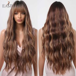 Synthetic Wigs Easihair Brown Long Wavy Synthetic Wigs with Highlight Cosplay Natural Hair for Women Heat Resistant Daily Bangs 230227
