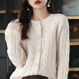 Women's Knits Tees Autumn And Winter Thickened Women's Round Neck Wool Sweater 100%Wool Jacquard Loose Knit Cardigan Fashion High-end Tops 230302