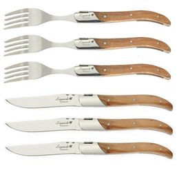 Forks 6pcs 87" Laguiole Tableware set Olive wood Handle Steak Knives Stainless steel Wooden Dinnerware Dinner Knife Table Fork 230302