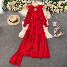 Casual Dresses Chiffon Women Maxi Party Dress 2023 Spring Long Sleeve Lady Red Bodycon Holiday Chic Fashion Vestidos B411