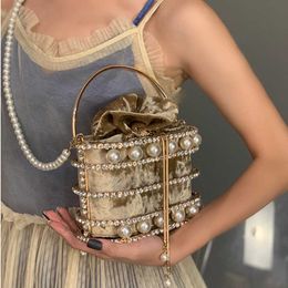 Pearl Bucket Bag Evening Clutch Bags Women Hollow Out Preal Beaded Metallic Cage Handbags Ladies Wedding Party PurseL230302