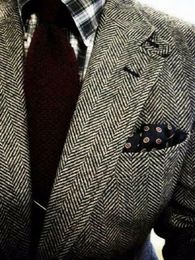 Men's Suits & Blazers Vintage Grey Tweed Herringbone Business Men Slim Fit Tuxedo Groom Suit For Wedding Notch Lapel Jacket Male Blazer
