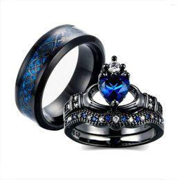 Wedding Rings Couple Gift - Geometric Blue Zircon Men's Set For Female Male Jewellery Bridal Engagement