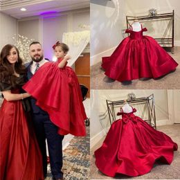 Girl Dresses Red Stain Spaghetti Straps Flower Girls Dress For Wedding With Long Train First Holy Communion Pageant Party Gown Big Bows