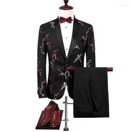Men's Suits (Jacket Pants) Black Floral Print Tuxedo Mens 2023 Men Flower Slim Vintage Designer Brand Party