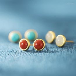 Stud Earrings S925 Sterling Silver Inlaid With Natural South Red Agate An Jade And Pine Stone. Round Egg Women's Gold Plating