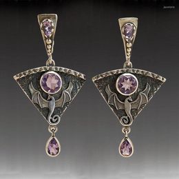 Dangle Earrings Evil Dragon Gothic Punk Metal Antique Silver Colour Elegant Engraved Pink Stone Inlaid Drop Jewellery