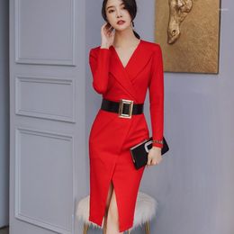 Casual Dresses Business Formal Office Wrap V-Neck Ruched Blazer Dress Autumn Winter Long Sleeve Bodycon For Woman 2023 DD2411