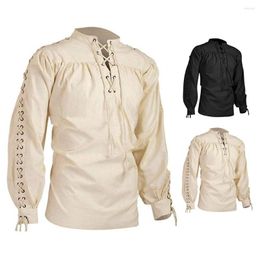 Men's Dress Shirts Men's Medieval Shirt Stand Collar Solid Color Vintage Long Sleeve Drawstring Men Top For Stage Show Gothic Grooms