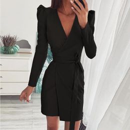 Casual Dresses Elegant Woman Bodycon Dress Party Outwear Autumn Women Office Suits Deep V-neck Lady Black Clubwear Winter Mujer G2993