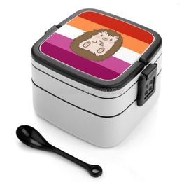 Dinnerware Sets Cute Hedgehog With Lesbian Flag! Double Layer Bento Box Lunch Salad Hedgehogs Kawaii Chibi Anim