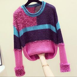 Women's Sweaters Autumn Winter Vintage Hit Colour Bright Loose Sweater Women O-neck Lazy Long Sleeve Mohair