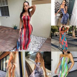2023 Womens Summer Casual Designer Maxi Dresses Sexy Off Shoulder Dress Wrap Bust Long Skirt Fashion Tie Dye Print Clothing