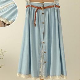 Skirts Summer Women Cotton Denim Skirt Lace Patchwork Single Breasted Pleated Jean Long