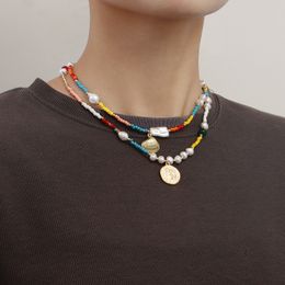 Contas coloridas de praia pingente de colar duplo colar de estilo étnico feminino colar de cores contrastante