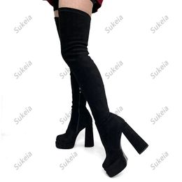 Sukeia New Women Spring Thigh Boots Catwalk Chunky Heels Square Toe Pretty Black Dress Shoes Ladies US Size 4-13